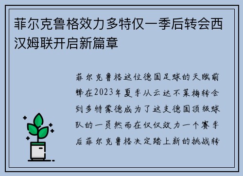 菲尔克鲁格效力多特仅一季后转会西汉姆联开启新篇章
