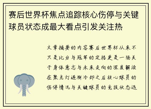 赛后世界杯焦点追踪核心伤停与关键球员状态成最大看点引发关注热